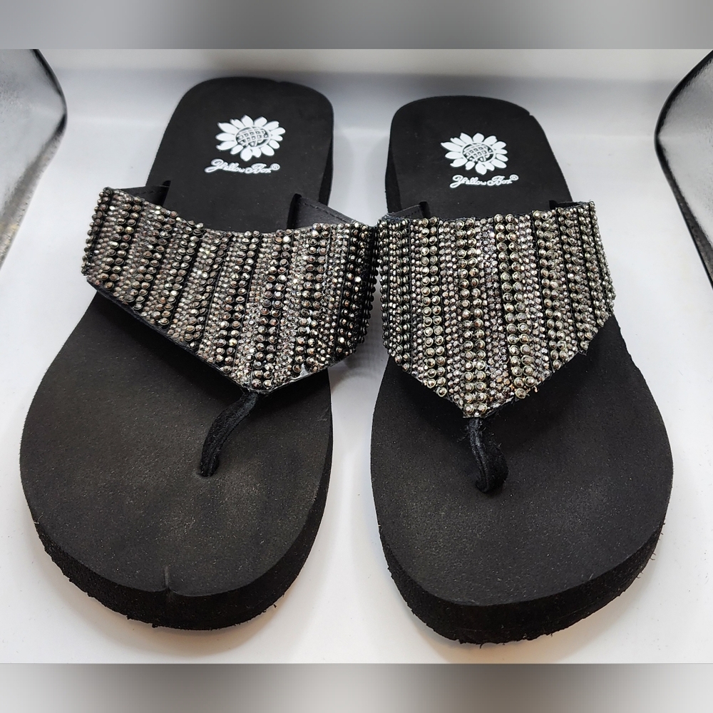 Yellow Box Black & Silver Rhinestones Flip Flops Josiah Size 8 NIB 1.25" wedge